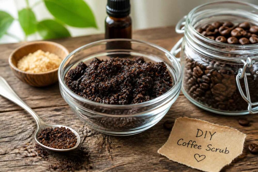 Domowy peeling kawowy w miseczce obok ziaren kawy i karteczki DIY Coffee Scrub