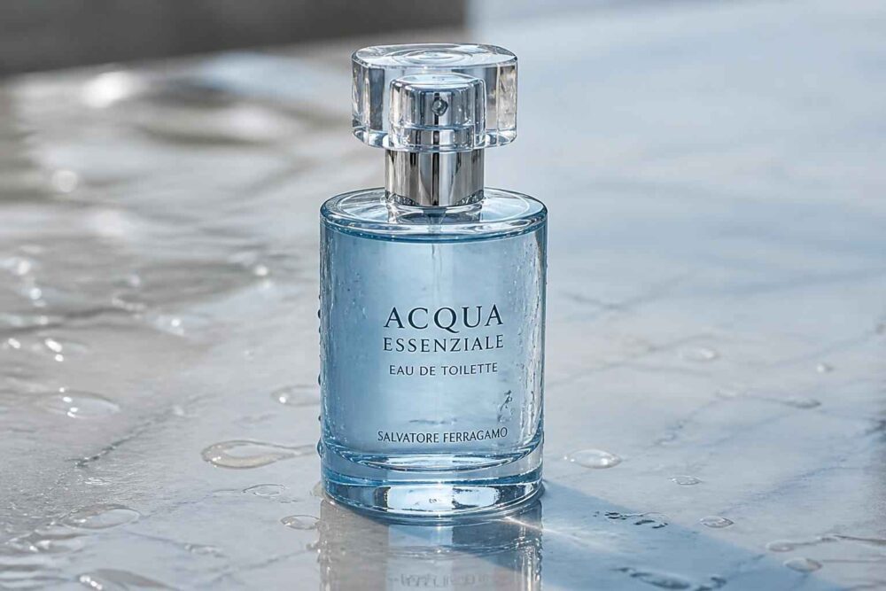 Flakon męskich perfum Acqua Essenziale Salvatore Ferragamo na mokrej powierzchniադարձ