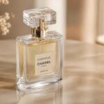 Szklany flakon perfum Chanel ustawiony na eleganckim stole w ciepłym świetle