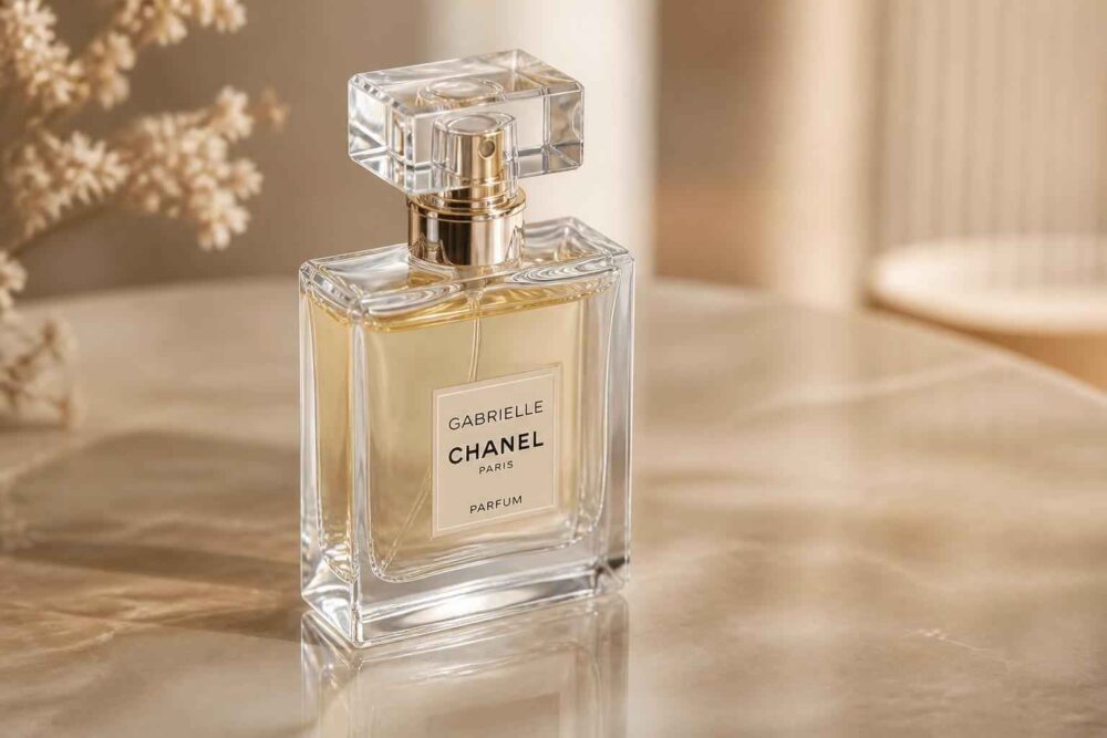 Szklany flakon perfum Chanel ustawiony na eleganckim stole w ciepłym świetle