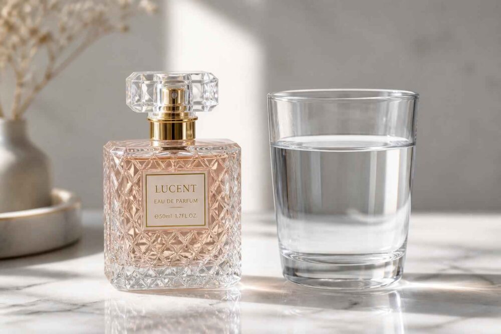 Flakon perfum Loewe stojący obok szklanki wody na jasnym blacie