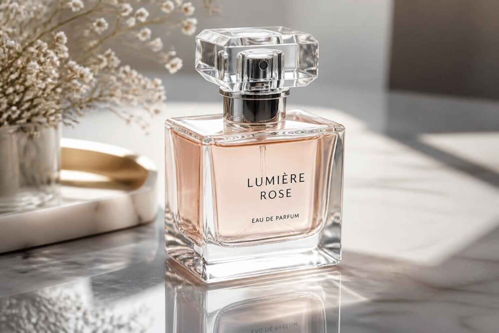 Szklany flakon perfum Lumière Rose na marmurowym stole obok suszonych kwiatów