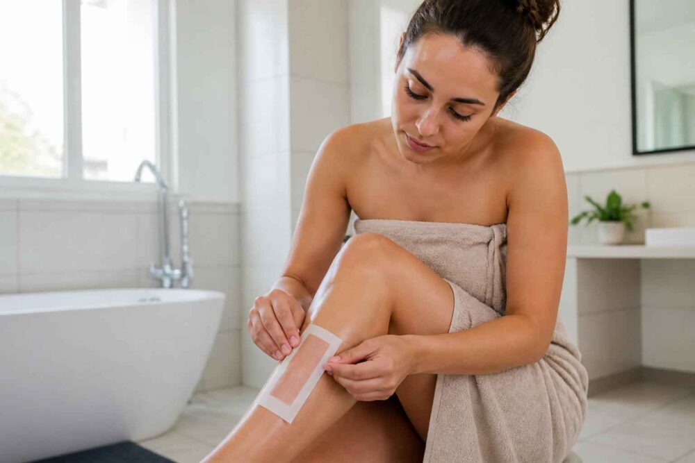 Kobieta w ręczniku przykleja plaster do depilacji na nodze w jasnej łazience