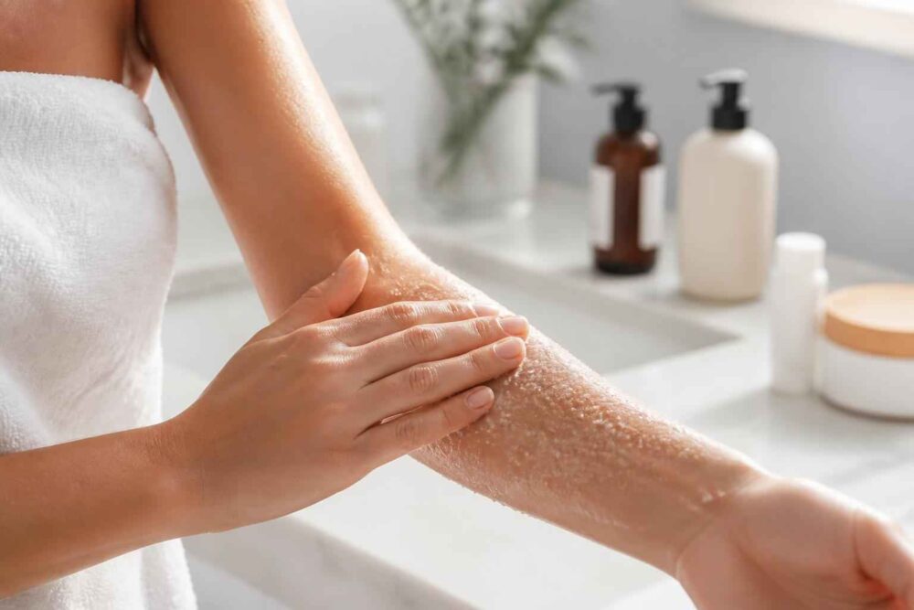 Kobieta w ręczniku pielęgnuje skórę przedramienia peelingiem w jasnej łazience