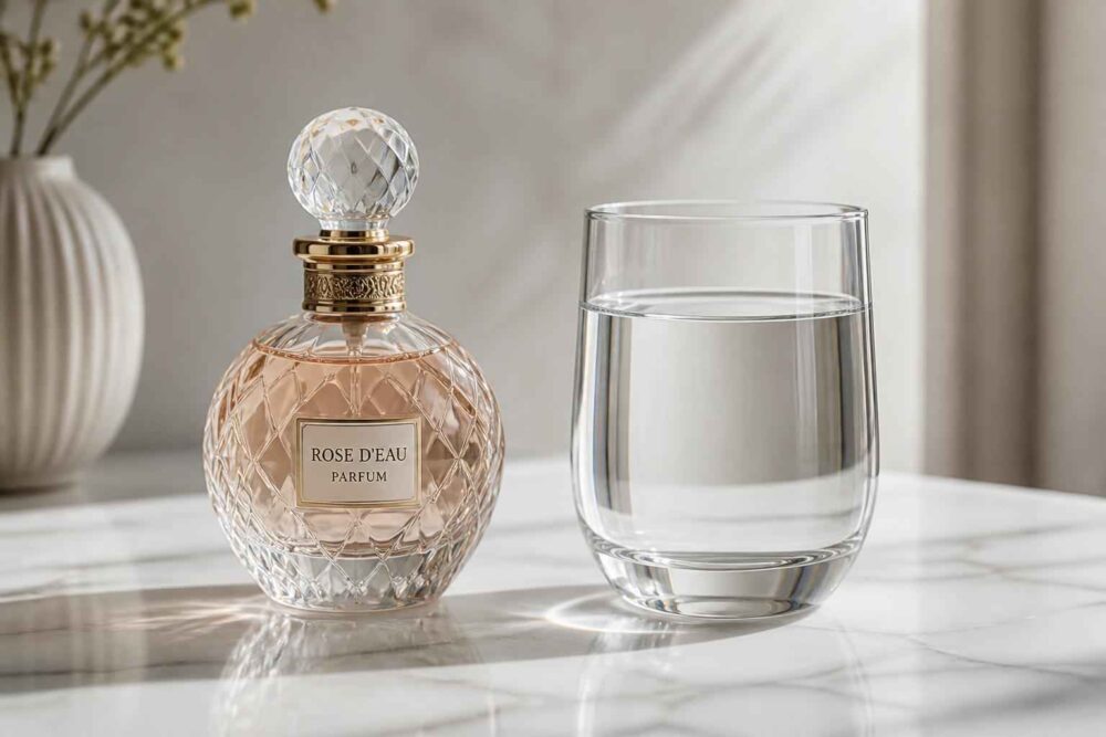Ozdobny flakon różowych perfum i szklanka wody Ozdobny flakon różowych perfum stojący obok szklanki wody na marmurowym blacie