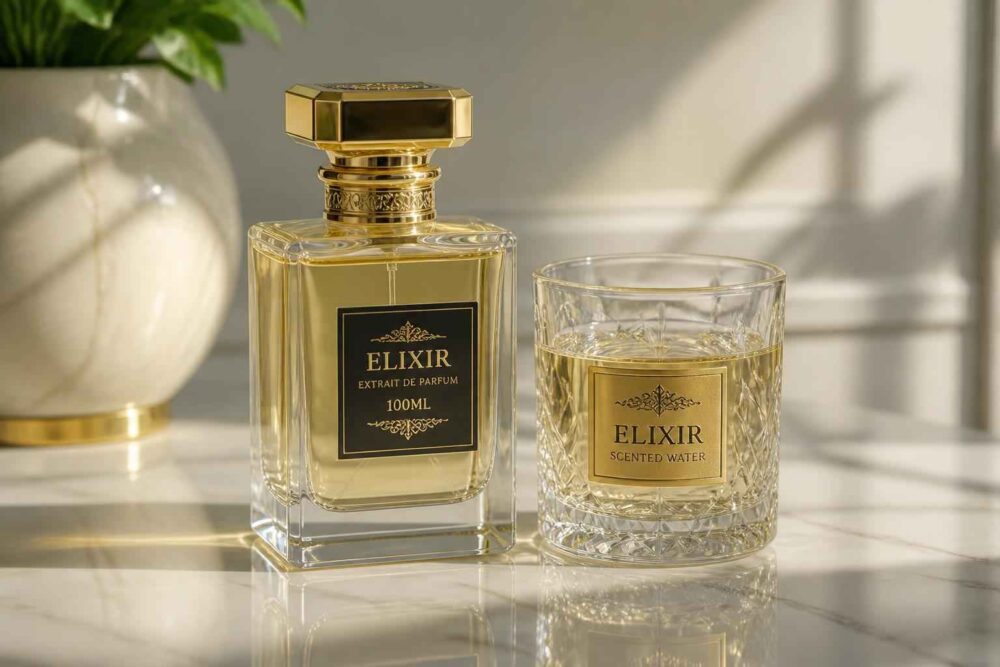 Flakon perfum Elixir i szklanka bursztynowego trunku na stole w ciepłym świetle słońca
