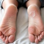 Zbliżenie podeszew stóp dziecka z widoczną suchą i łuszczącą się skórą