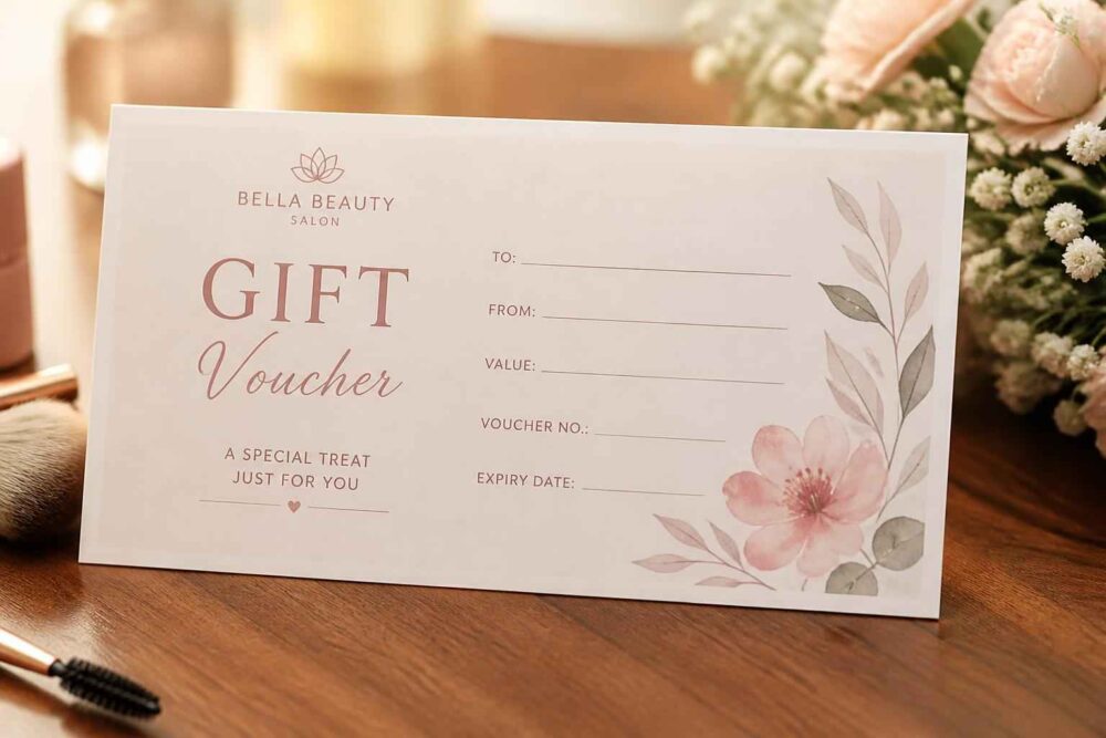 Voucher prezentowy Bella Beauty Kwiatowy voucher prezentowy Bella Beauty na drewnianym stole obok kosmetyków i bukietu kwiatów